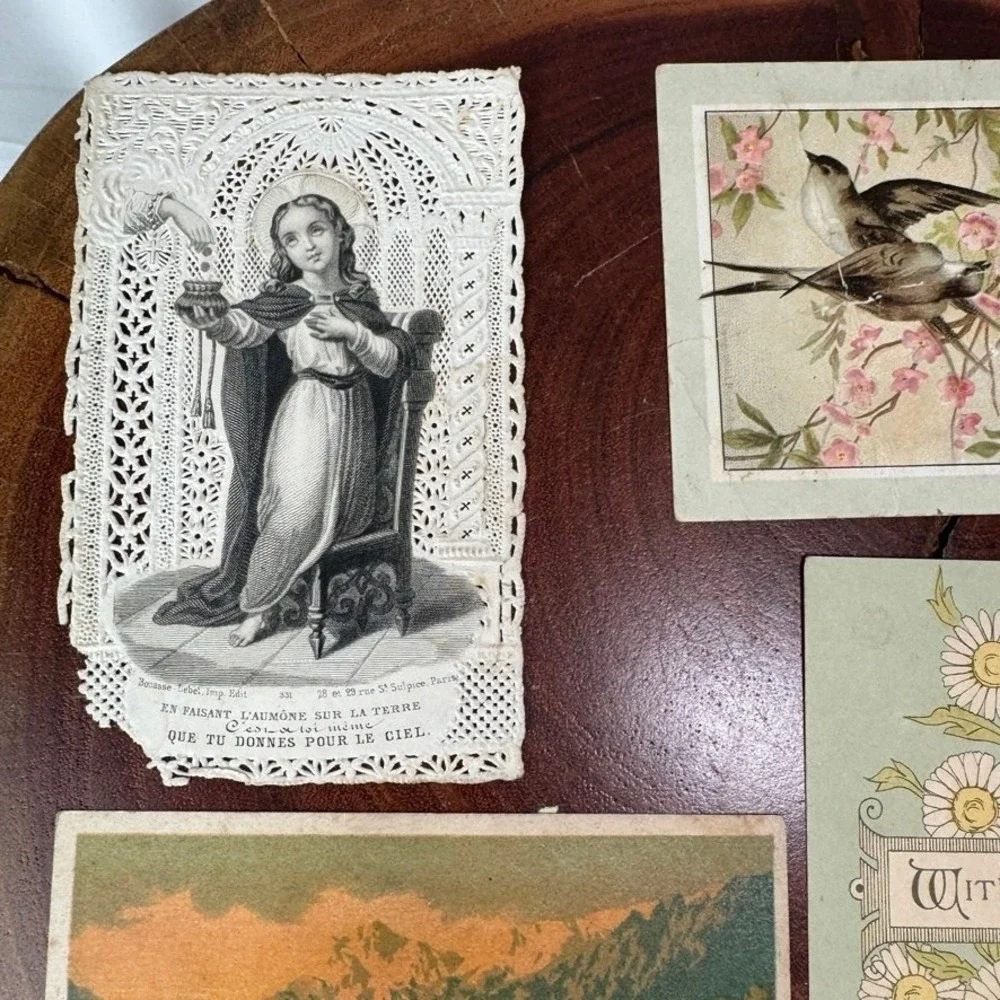 Antique Victorian Ephemera Lot French Lace Holy Card Floral Birds Trade Cards